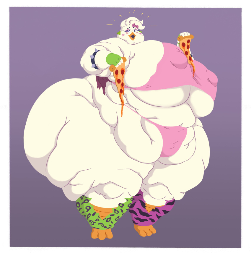 2024 absurd_res accessory anthro avian avian_feet barefoot beak belly belly_overhang big_belly big_butt bird bottomwear bow_ribbon breasts butt chica_(fnaf) chicken clothing digital_media_(artwork) ear_piercing ear_ring erect_nipples fat_arms feet female five_nights_at_freddy's five_nights_at_freddy's:_security_breach food fupa galliform gallus_(genus) glamrock_chica_(fnaf) hair_accessory hair_bow hair_ribbon hi_res huge_butt huge_thighs hyper hyper_belly hyper_butt leggings legwear nipple_outline nipples obese obese_female open_mouth overweight overweight_female phasianid piercing pizza purple_eyes ribbons ring_piercing scottgames shaded side_boob simple_background simple_shading solo steel_wool_studios thick_thighs tight_bottomwear tight_clothing torn_clothing under_boob vixencurie weight_gain white_body