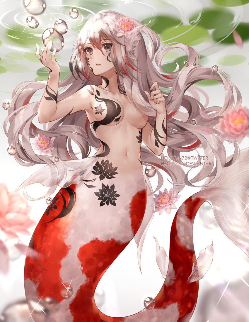 1girl air_bubble breasts bubble collarbone commentary deviantart_username english_commentary fins flower flower_tattoo grey_eyes grey_hair head_fins highres hollyyn long_hair lotus mermaid monster_girl navel nude original solo tattoo twitter_username underwater