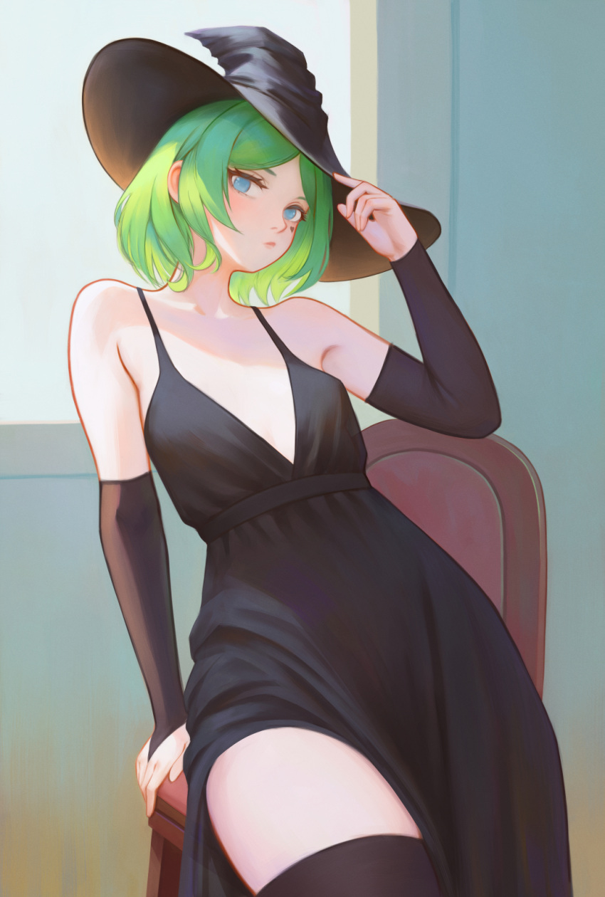 1girl arm_support black_dress black_gloves black_headwear black_sleeves black_thighhighs blue_eyes breasts bridal_gauntlets chair closed_mouth commentary detached_sleeves dress english_commentary facial_mark gloves green_hair hat heart heart_facial_mark highres indoors looking_at_viewer navel no_pupils parted_bangs real_life shchrit short_hair single_detached_sleeve single_glove small_breasts solo stomach testicles thighhighs window witch_hat your_witch_alba