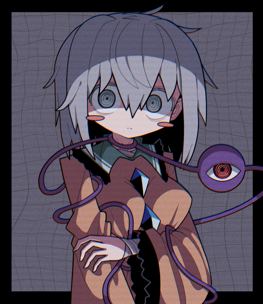 1girl absurdres alternate_breast_size asphyxiation bags_under_eyes breasts choking_on_object empty_eyes frilled_shirt_collar frilled_sleeves frills green_eyes grey_hair highres komeiji_koishi looking_at_viewer medium_breasts medium_hair third_eye tile_wall tiles touhou zunusama