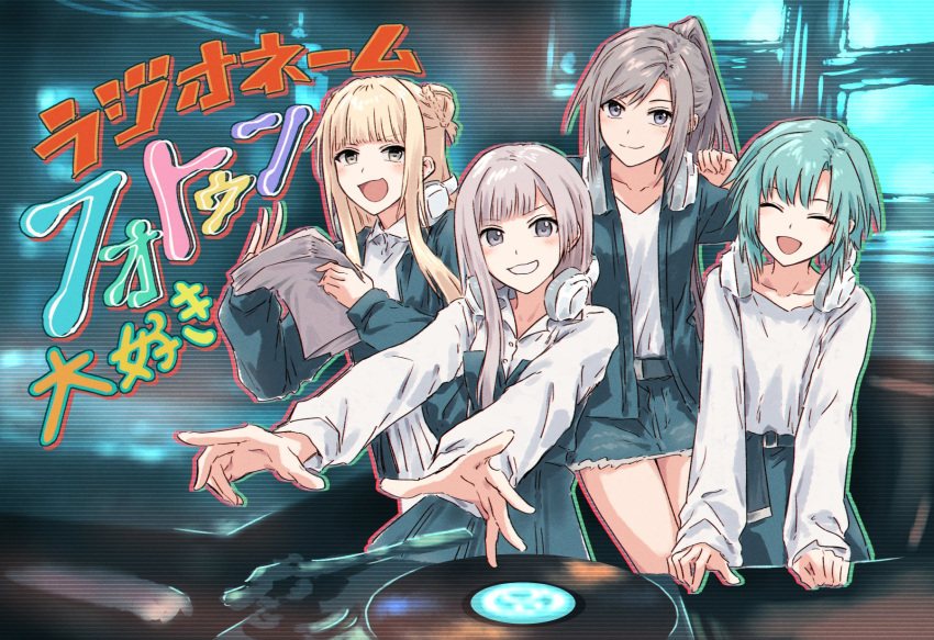 aqua_dress aqua_hair aqua_jacket aqua_skirt blonde_hair blunt_bangs clothes_around_waist commentary_request d4dj double_bun dress fukushima_noa furukawa_wanosuke grey_hair hair_bun hanamaki_towa headphones headphones_around_neck highres holding izumo_saki jacket jacket_around_waist long_sleeves miniskirt monitor multiple_monitors niijima_ibuki parted_bangs photon_maiden ponytail script shirt short_hair sidelocks skirt translation_request turntable white_shirt