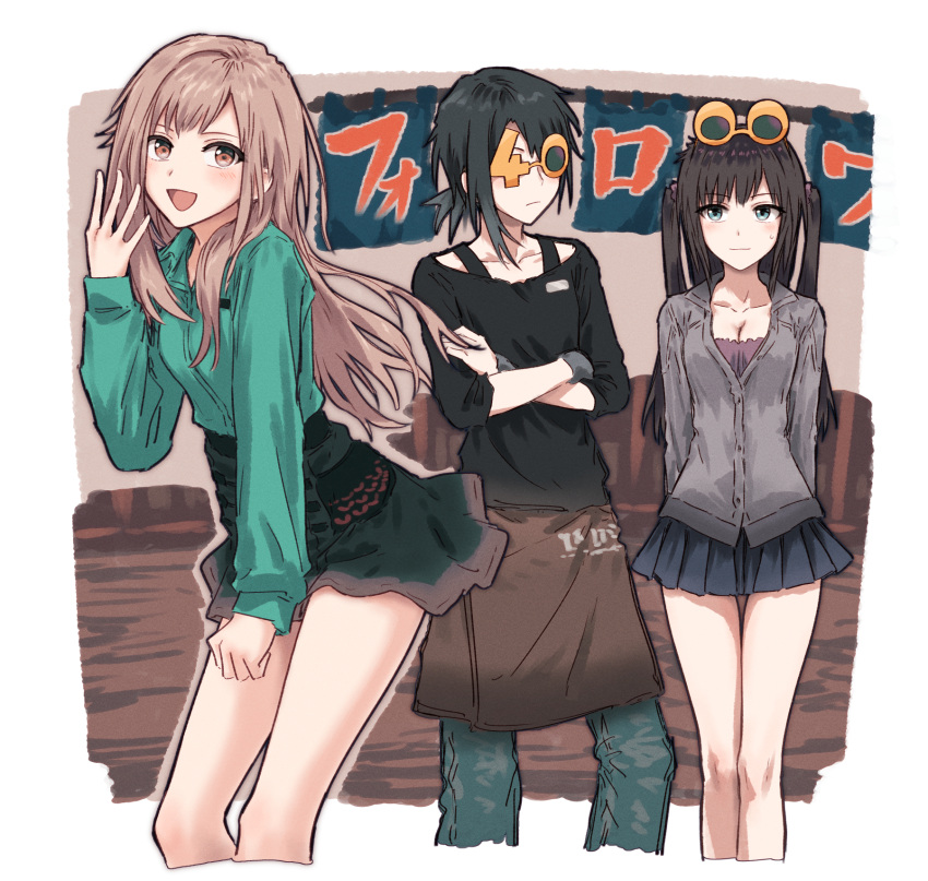 3girls apron bare_legs black_hair black_shirt blue_eyes blue_skirt border breasts brown_eyes brown_hair character_request cleavage commentary copyright_request cropped_legs crossed_arms eyewear_on_head finger_counting food_stand frilled_skirt frills furukawa_wanosuke green_pants green_shirt grey_shirt highres leaning_forward light_brown_hair long_sleeves looking_at_another medium_breasts milestone_celebration miniskirt multiple_girls number_glasses pants parted_bangs shirt short_ponytail sidelocks skirt small_sweatdrop symbol-only_commentary thigh_gap two_side_up waist_apron white_border yatai