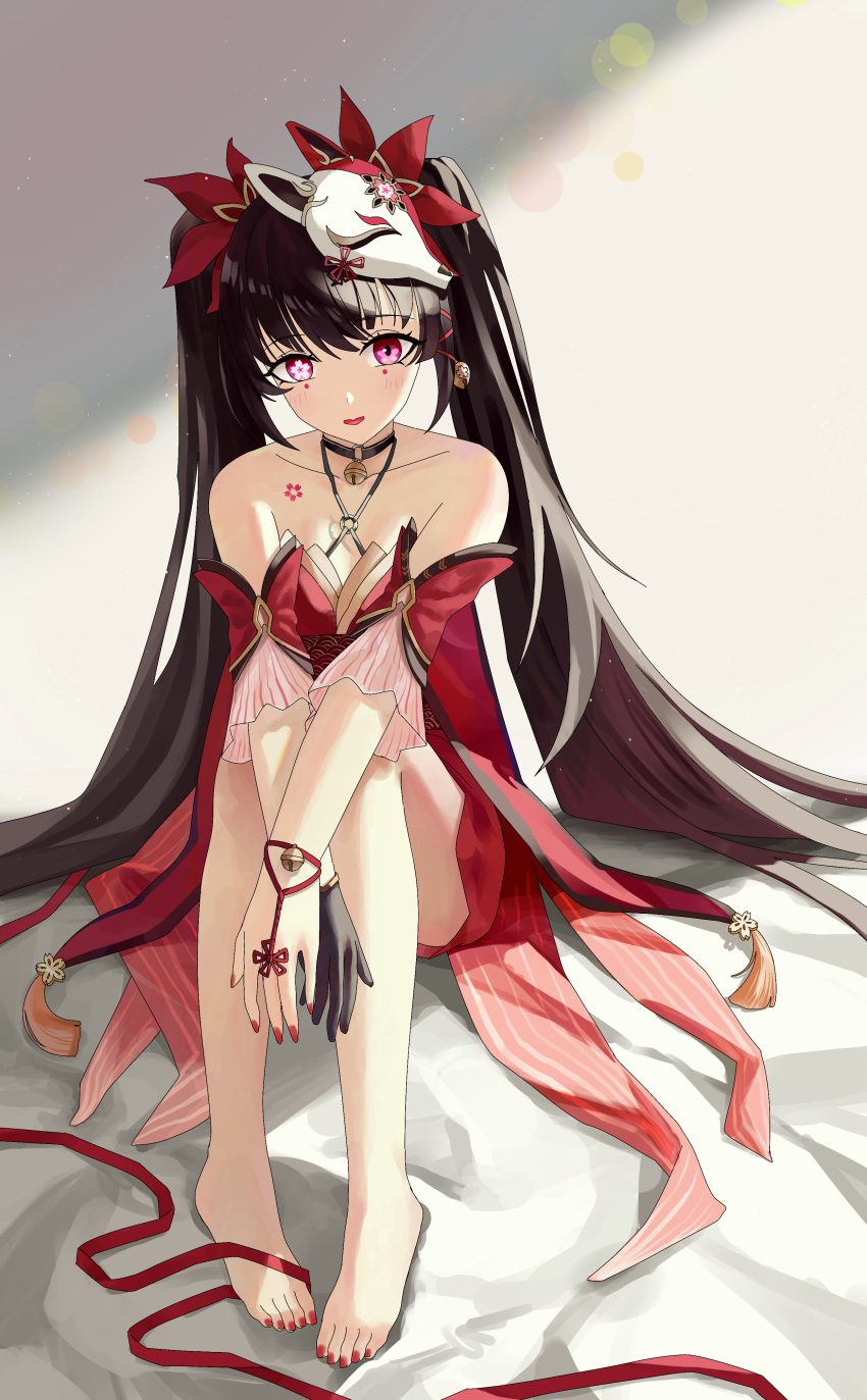 1girl absurdres bare_legs bare_shoulders barefoot bell black_choker black_gloves black_hair breasts choker collarbone convenient_hand criss-cross_halter dress feet flower-shaped_pupils fox_mask full_body gloves grey_background halterneck highres honkai:_star_rail honkai_(series) idangyang knees_up legs long_hair looking_at_viewer mask mask_on_head nail_polish neck_bell on_ground open_mouth pink_eyes red_dress red_nails shadow single_glove sitting small_breasts solo sparkle_(honkai:_star_rail) symbol-shaped_pupils toenail_polish toenails toes very_long_hair wide_sleeves