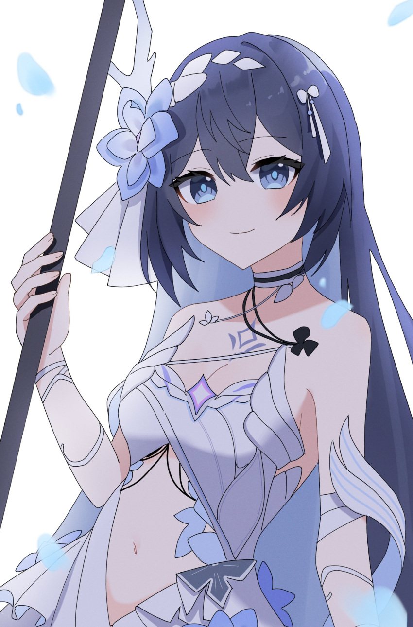 1girl absurdres blue_eyes blue_flower blue_hair breasts cleavage closed_mouth clothing_cutout commentary_request dress flower h2o_omizu hair_flower hair_ornament highres holding holding_scythe holding_weapon honkai_(series) honkai_impact_3rd looking_at_viewer navel navel_cutout petals scythe seele_vollerei seele_vollerei_(herrscher_of_rebirth) short_hair simple_background smile solo stomach upper_body very_short_hair weapon white_background white_dress