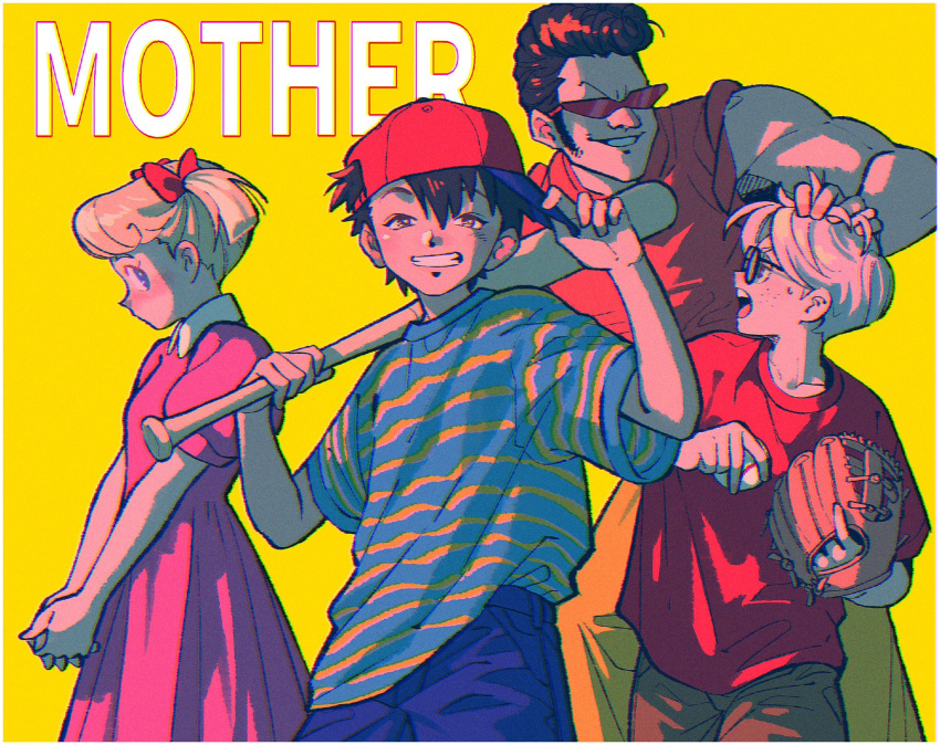 1girl 3boys ana_(mother) baseball baseball_bat baseball_cap baseball_mitt black_headwear bow copyright_name dress freckles glasses grin hair_bow hat highres holding holding_baseball_bat kwsby_124 lloyd_(mother) mother_(game) mother_1 multiple_boys ninten open_mouth own_hands_together pink_dress red_bow red_headwear red_shirt shirt short_sleeves short_twintails shorts simple_background smile striped_clothes striped_shirt sunglasses sweat teddy_(mother) twintails yellow_background