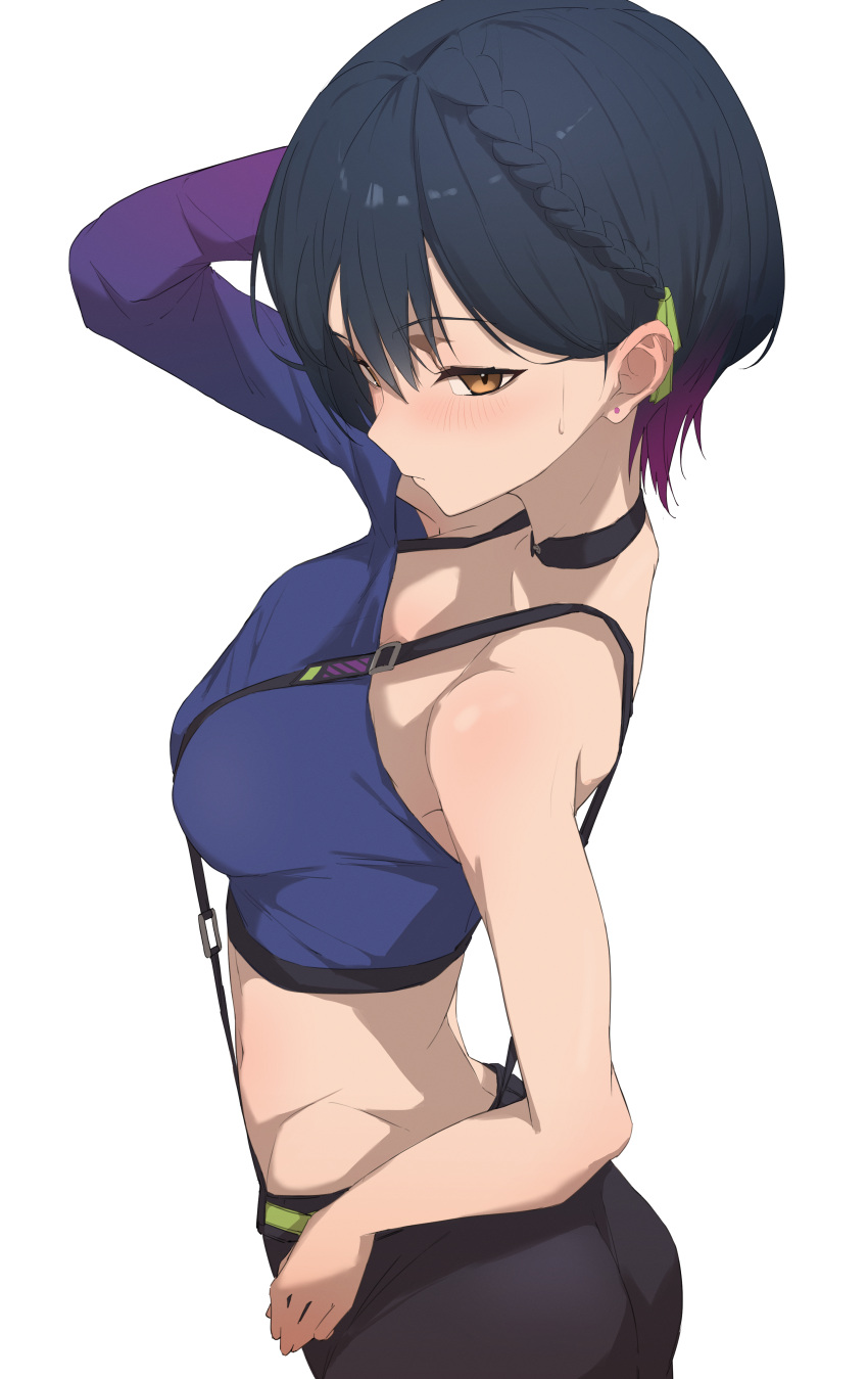 1girl absurdres asymmetrical_sleeves bare_shoulders black_choker black_hair breasts choker from_side highres kaekae_kaeru midriff multicolored_hair nijisanji official_alternate_costume purple_hair short_hair sideboob single_sleeve solo standing suspenders virtual_youtuber white_background yamagami_karuta yamagami_karuta_(4th_costume) yellow_eyes