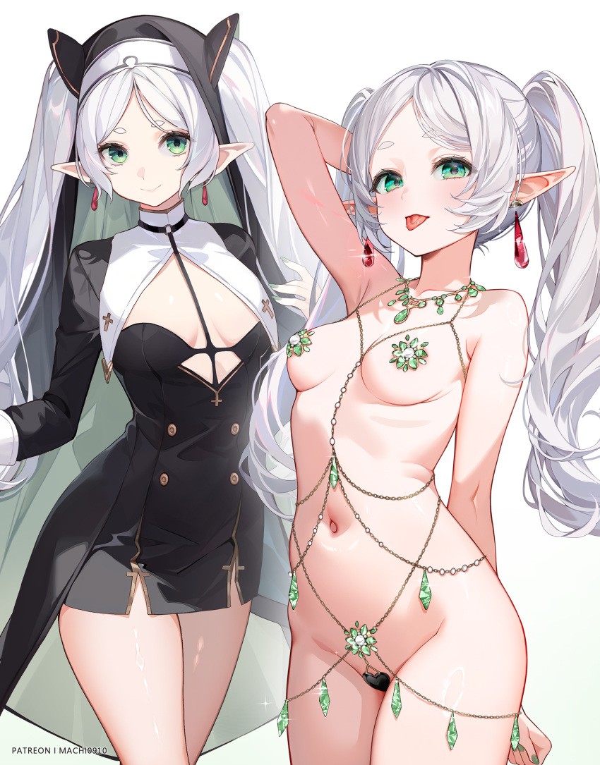 1girl :p absurdres arm_behind_head belly_chain black_dress blush body_jewelry breasts breasts_out cleavage closed_mouth commentary_request covered_nipples covered_pussy dress drop_earrings earrings elf frieren gem green_eyes green_gemstone grey_hair habit heart_maebari highres jewelry long_hair looking_at_viewer machi_(7769) maebari naked_jewelry navel necklace nun paid_reward_available parted_bangs patreon_username petite pointy_ears short_eyebrows small_breasts smile solo sousou_no_frieren stomach tongue tongue_out twintails white_background white_hair