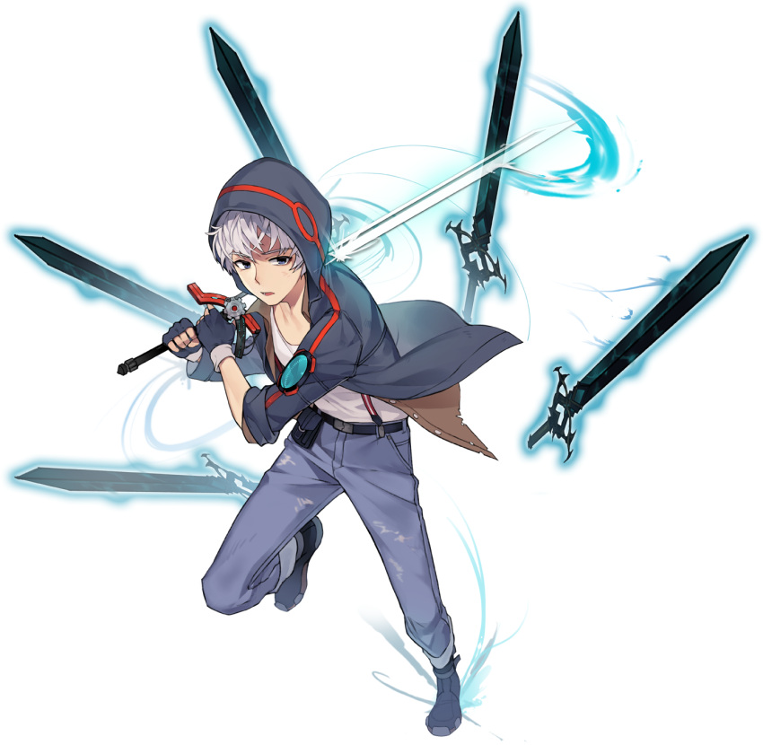 1boy azar_(chrono_ark) belt chrono_ark collared_shirt denim fighting_stance grey_eyes hen-tie highres holding holding_sword holding_weapon hood hood_up hoodie jacket jeans looking_at_viewer non-web_source official_art pants pants_rolled_up shirt shoes short_hair sleeves_rolled_up sneakers suspenders sword transparent_background unbuttoned unbuttoned_shirt undershirt weapon white_hair