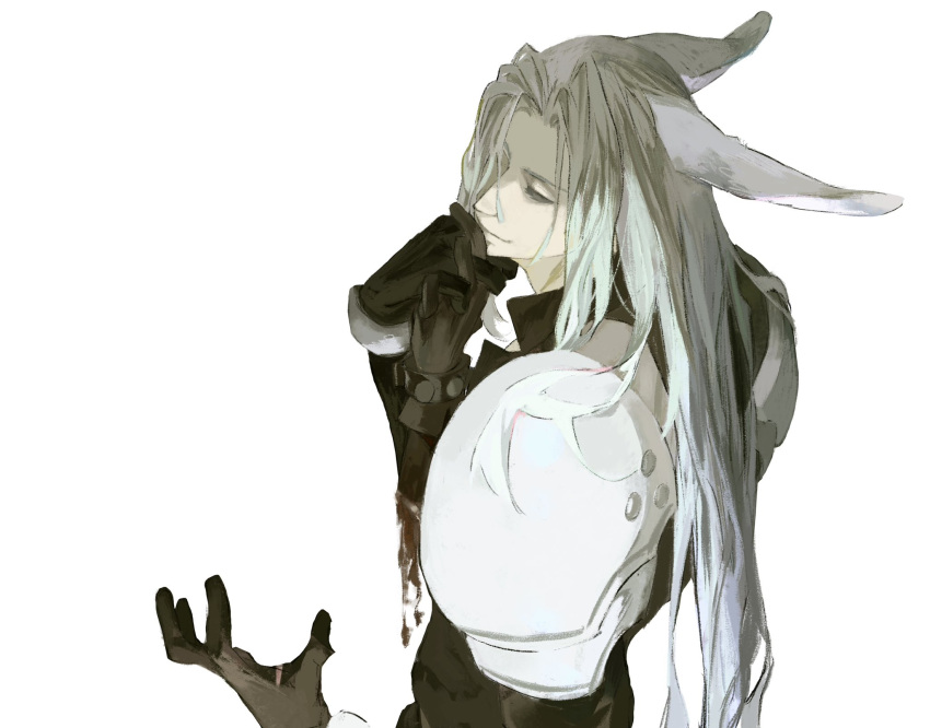 1boy animal_ears armor black_coat black_gloves blood brown_gloves cloud_strife coat final_fantasy final_fantasy_vii gloves grey_hair half-closed_eyes hands_up high_collar highres holding_hands holding_limb kemonomimi_mode long_coat long_hair looking_back male_focus pauldrons rabbit_ears sephiroth severed_hand severed_limb shoulder_armor simple_background smile solo_focus upper_body white_background xscr1205