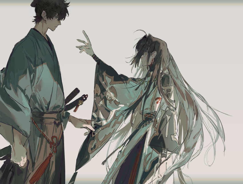 1boy 1other ahoge androgynous black_hair black_hakama blue_eyes blue_kimono body_markings bracelet clothes_grab crying crying_with_eyes_open detached_sleeves earrings fate/grand_order fate/samurai_remnant fate_(series) hair_down hair_intakes hakama hakama_pants hand_up highres japanese_clothes jewelry katana kimono long_hair miyamoto_iori_(fate) necklace pants qyzhiaiyisheng sheath sheathed sidelocks simple_background sleeve_grab sword tears topknot weapon yamato_takeru_(fate) yamato_takeru_(third_ascension)_(fate) yellow_eyes