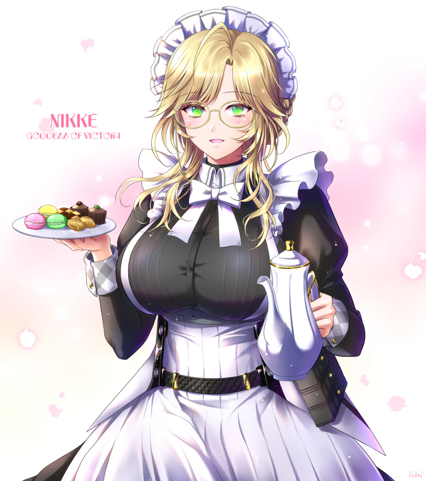 1girl :d ade_(nikke) ahoge apron belt black_belt black_dress blonde_hair bow bowtie braid breasts checkerboard_cookie commentary_request cookie copyright_name cowboy_shot cupcake dress eyewear_strap food glasses goddess_of_victory:_nikke green_eyes highres holding holding_plate holding_teapot ichijo_ahuro juliet_sleeves large_breasts long_sleeves looking_at_viewer macaron maid maid_apron maid_headdress open_mouth parted_bangs plate puffy_sleeves sidelocks smile solo teapot white_apron white_bow white_bowtie yellow-framed_eyewear