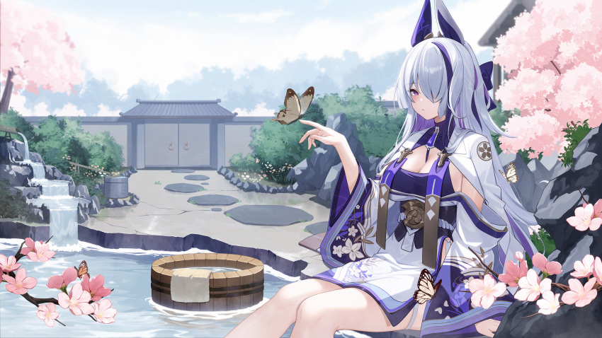 1girl architecture azur_lane blush breasts bug butterfly cherry_blossoms cleavage closed_mouth cloud cloudy_sky east_asian_architecture floral_print_kimono hair_over_one_eye hand_up highres japanese_clothes kimono long_hair looking_at_viewer multicolored_hair official_art outdoors purple_eyes purple_hair purple_kimono rock sakuramon sitting sky solo streaked_hair two-tone_kimono unzen_(azur_lane) water white_hair white_kimono