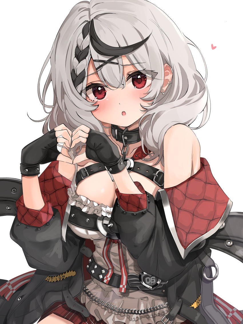 1girl :o absurdres bare_shoulders black_collar black_gloves black_jacket blush breasts cleavage collar cowboy_shot fingerless_gloves gloves grey_hair hair_ornament heart heart_hands highres hololive jacket large_breasts long_hair long_sleeves looking_at_viewer miniskirt open_clothes open_jacket open_mouth plaid plaid_skirt pleated_skirt quilted_jacket red_eyes red_jacket red_skirt sakamata_chloe shirt simple_background skirt solo two-sided_fabric two-sided_jacket virtual_youtuber white_background white_shirt yunon_oto_mad