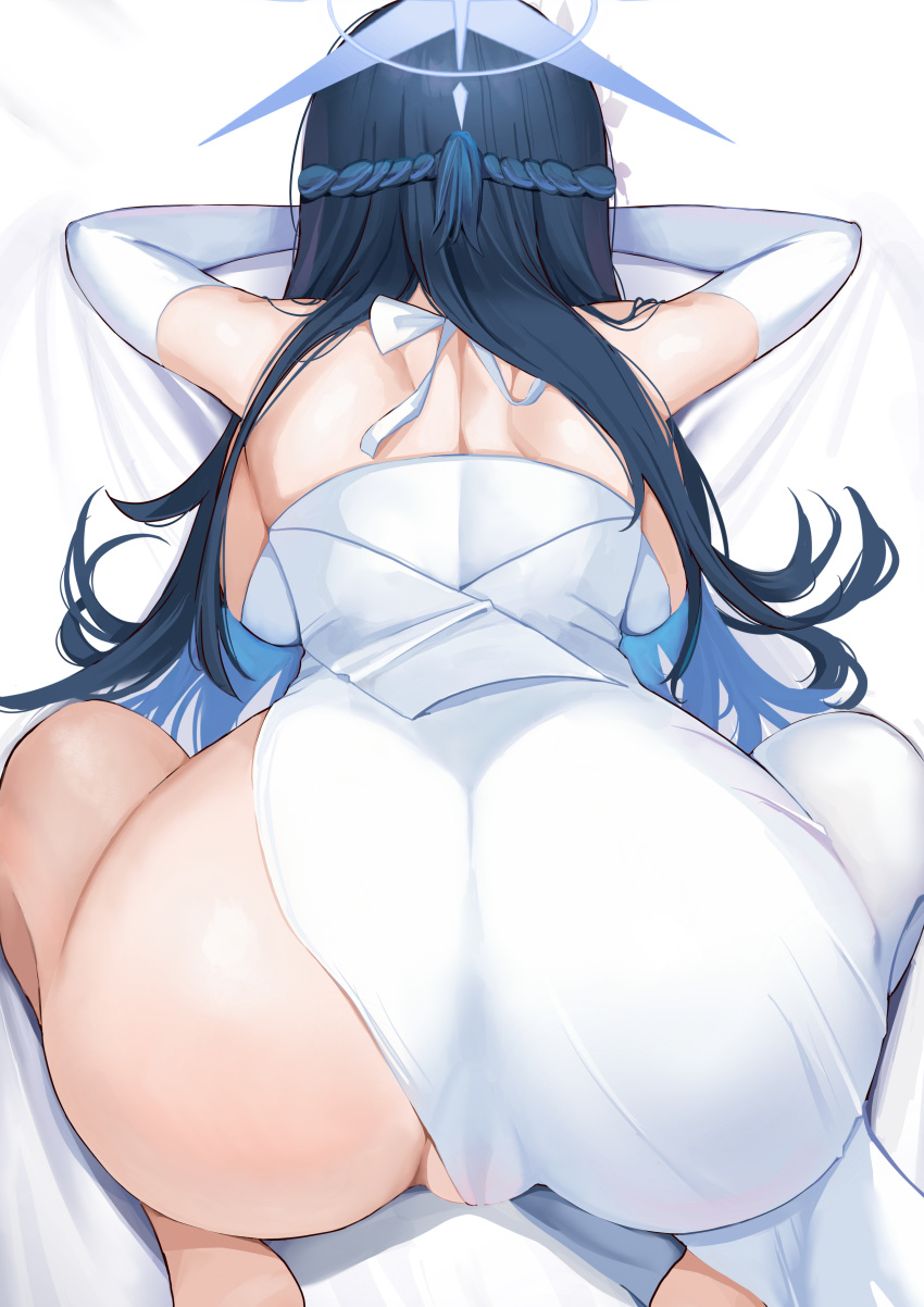 1girl absurdres ass bed_sheet black_hair blue_archive blue_hair breasts colored_inner_hair commentary dress elbow_gloves fluffyebi01 from_behind gloves halo highres large_breasts long_hair multicolored_hair no_panties official_alternate_costume saori_(blue_archive) saori_(dress)_(blue_archive) see-through solo strapless strapless_dress symbol-only_commentary white_dress white_gloves