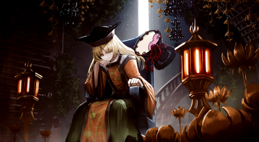 armchair bangs black_hat blonde_hair chair closed_mouth commentary constellation_print detached_sleeves drum floating floating_object flower gate green_skirt hat instrument leaning_forward light_smile long_hair long_sleeves looking_at_viewer matara_okina parted_bangs plant ryosios shirt sitting skirt solo stairs stone_lantern tabard touhou white_shirt wide_sleeves yellow_eyes yellow_flower