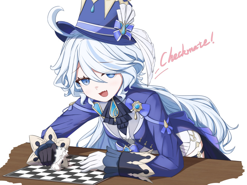 1girl :d absurdres ahoge ascot asymmetrical_gloves black_ascot black_gloves blue_eyes blue_headwear blue_jacket brooch chess_piece chessboard chinese_commentary commentary_request drop-shaped_pupils english_commentary english_text fang furina_(genshin_impact) genshin_impact gloves hair_between_eyes hat highres holding holding_chess_piece hydro_symbol_(genshin_impact) jacket jewelry king_(chess) leaning_forward leaning_on_object leaning_on_table lingerain long_hair long_sleeves looking_at_viewer mismatched_gloves mismatched_pupils mixed-language_commentary multicolored_hair no_heterochromia open_mouth shirt short_shorts shorts sidelocks simple_background sleeves_past_wrists smile solo streaked_hair table thigh_strap top_hat two-tone_hair very_long_hair vision_(genshin_impact) white_background white_gloves white_hair white_shorts white_trim_bow