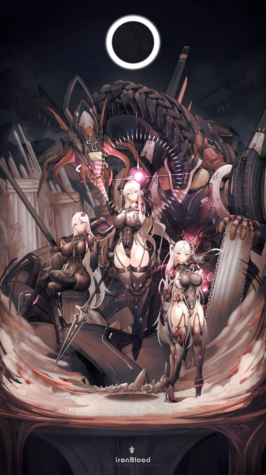 3girls adapted_costume aegir_(azur_lane) azur_lane bismarck_(azur_lane) black_bodysuit black_footwear black_gloves black_horns blonde_hair blue_eyes bodysuit boots breasts crossed_legs demon_horns eclipse full_body gloves hair_between_eyes hand_in_own_hair headgear high_heel_boots high_heels highleg highleg_leotard highres holding holding_polearm holding_weapon horns huge_breasts impossible_bodysuit impossible_clothes iron_blood_(emblem) large_breasts leotard mechanical_boots mechanical_horns mixed-language_commentary multicolored_hair multiple_girls non-humanoid_robot polearm prinz_eugen_(azur_lane) red_garter_straps red_hair robot robot_dragon sideboob sitting skindentation streaked_hair two-tone_hair weapon white_hair yellow_eyes yusha_m