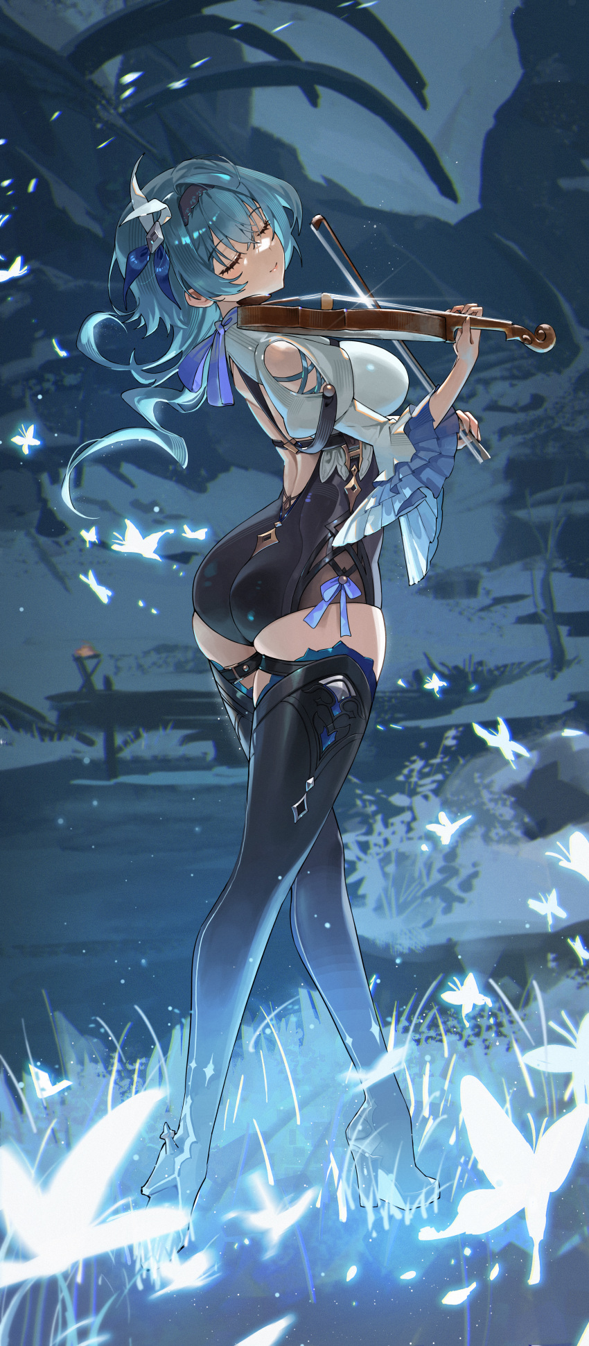 1girl absurdres ass black_hairband black_shorts black_thighhighs blue_bow blue_butterfly blue_hair bow breasts bug butterfly closed_eyes commentary_request commission eula_(genshin_impact) full_body genshin_impact glowing_butterfly grass hairband high-waist_shorts high_heels highres holding holding_instrument instrument juliet_sleeves large_breasts long_hair long_sleeves music outdoors pixiv_commission playing_instrument puffy_sleeves revision shirt shorts smile solo sssong_aa standing thighhighs thighs violin white_shirt wide_sleeves