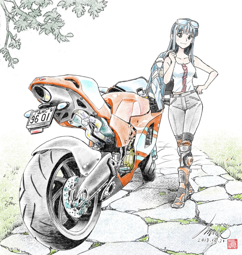 1girl artist_logo bare_shoulders biker_clothes black_footwear black_hair black_pants branch collarbone dated full_body glory_suiryou goggles goggles_on_head grass hand_on_own_hip highres holding holding_clothes holding_jacket jacket kubota_shinji long_hair looking_at_viewer motor_vehicle motorcycle outdoors pants road shirt signature sleeveless sleeveless_shirt solo standing unworn_jacket vehicle_focus wakaokami_wa_shougakusei white_shirt