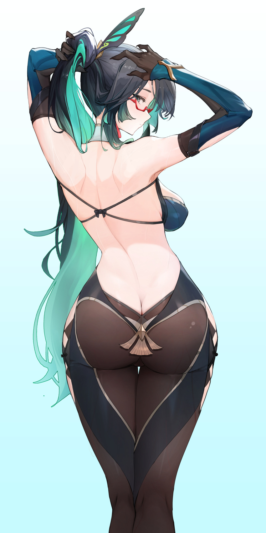 1girl absurdres aqua_eyes ass back black_hair breasts colored_inner_hair genera-x genshin_impact glasses gloves green_hair hair_ornament highres long_hair looking_at_viewer looking_back multicolored_hair red-framed_eyewear semi-rimless_eyewear solo two-tone_hair very_long_hair xianyun_(genshin_impact)