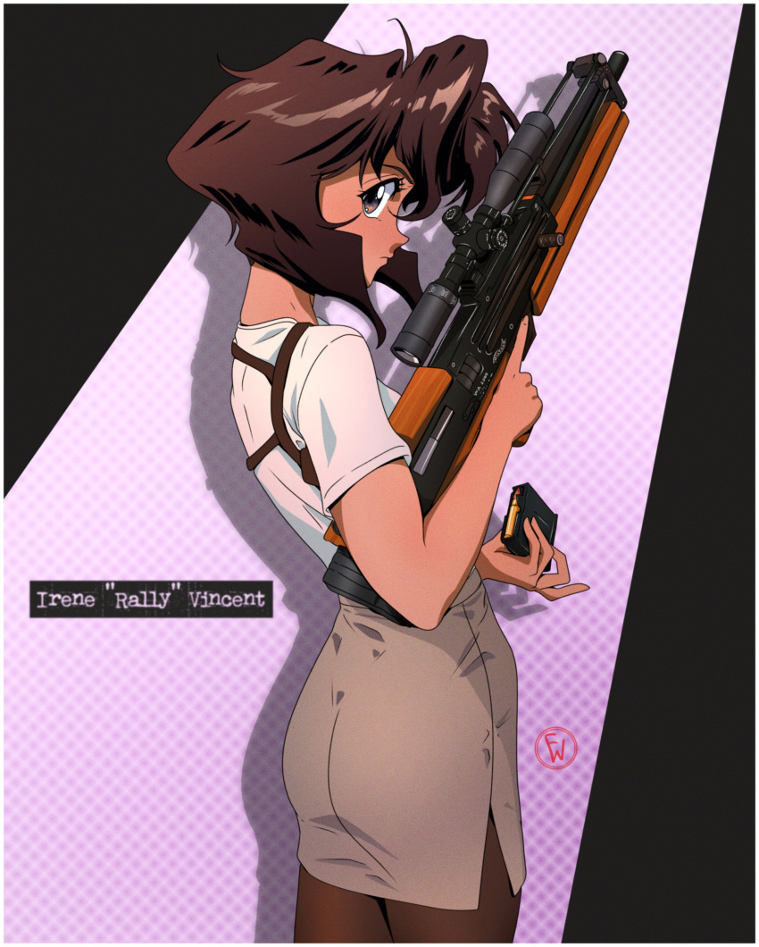 1girl absurdres artist_logo black_eyes border brown_hair brown_pantyhose brown_skirt bullpup character_name closed_mouth commentary cowboy_shot dark-skinned_female dark_skin english_commentary expressionless fritz_willie from_side gun gunsmith_cats high-waist_skirt highres holding holding_gun holding_magazine_(weapon) holding_weapon holster looking_at_viewer magazine_(weapon) pantyhose pencil_skirt profile rally_vincent rifle scope shadow shirt short_hair short_sleeves shoulder_holster sideways_glance skirt sniper_rifle solo standing trigger_discipline walther walther_wa_2000 weapon white_border white_shirt