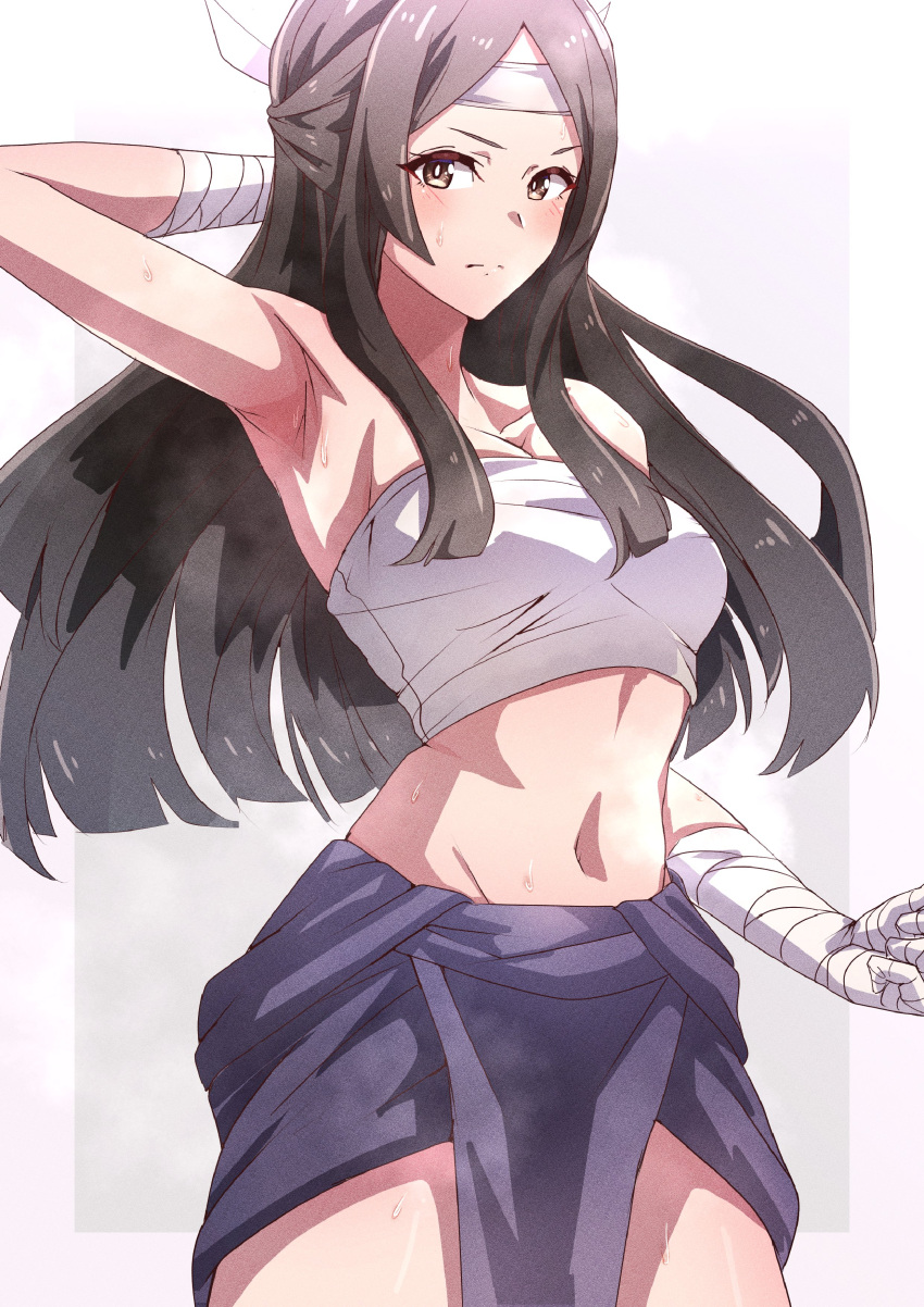 1girl absurdres arm_up armpits bandages bare_shoulders black_hair black_skirt breasts cleavage commentary_request cowboy_shot fire_emblem fire_emblem_awakening headband highres long_hair medium_breasts midriff navel say'ri_(fire_emblem) skirt solo standing stomach strapless to_(tototo_tk) tube_top very_long_hair white_headband wrist_wrap