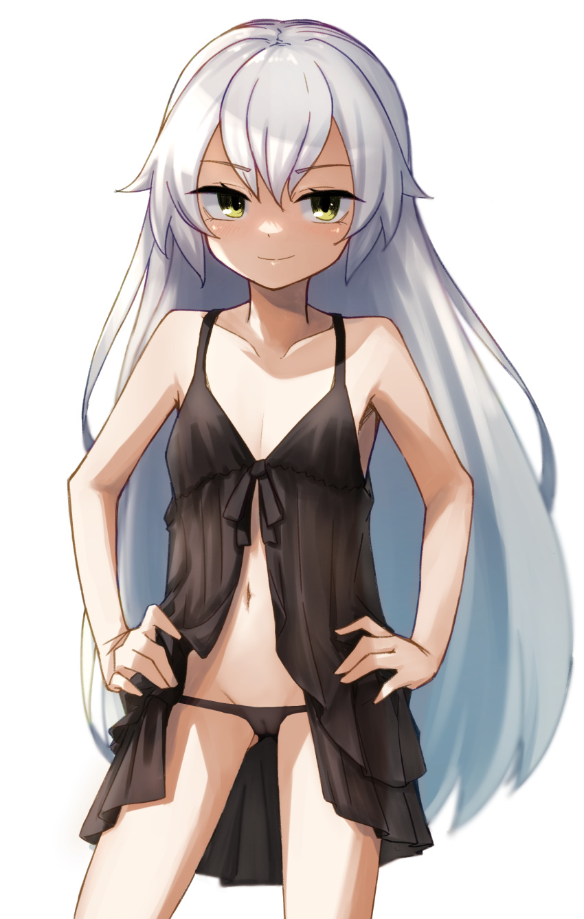 1girl ass_visible_through_thighs bare_arms bare_shoulders black_nightgown black_panties cameltoe collarbone commentary cowboy_shot flat_chest groin hair_between_eyes hands_on_own_hips highres hudeako lingerie long_hair looking_at_viewer navel nightgown panties pumpkin_scissors septieme_rodelia simple_background smile solo underwear very_long_hair white_background white_hair yellow_eyes