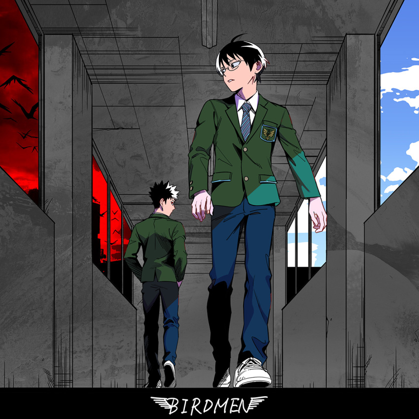 2boys akakokko_(niro_azarashi) arms_at_sides birdmen black_hair blue_necktie blue_pants blue_sky diagonal-striped_clothes diagonal-striped_necktie green_jacket jacket karasuma_eishi looking_back male_focus multiple_boys necktie pants parted_lips red_eyes red_sky school_uniform short_hair sky striped_clothes takayama_sou white_footwear