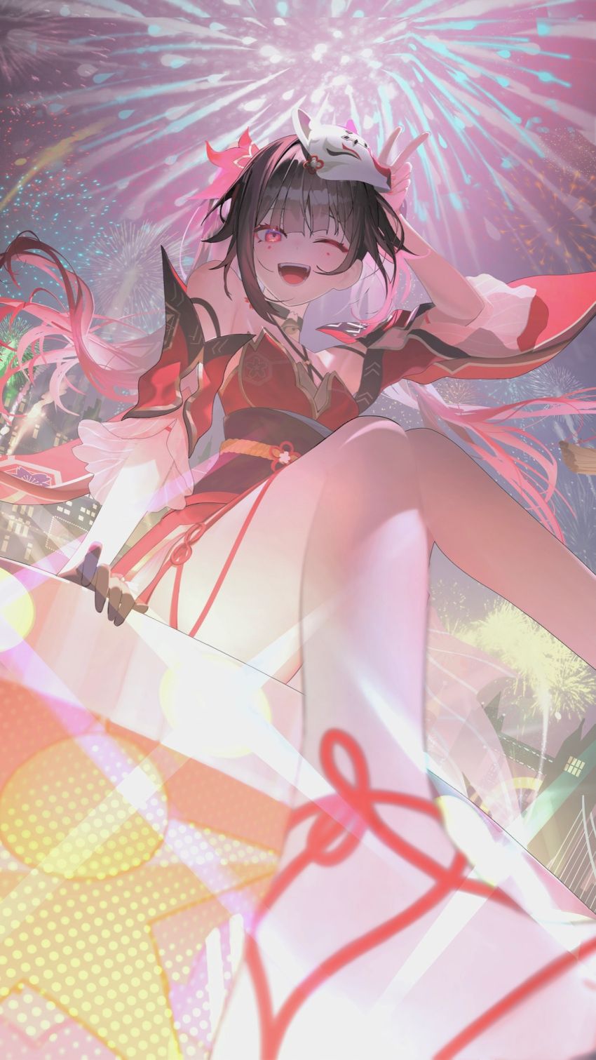 1girl 38_(sanjuuhachi) :d arm_at_side arm_rest black_gloves blush bow brown_hair dress fireworks floating_hair foreshortening fox_mask from_below gloves hair_bow hand_on_own_head highres honkai:_star_rail honkai_(series) knees_together_feet_apart long_hair looking_at_viewer mask mask_on_head night obi one_eye_closed open_mouth outdoors pink_eyes red_bow red_dress sash short_dress sidelocks single_glove sleeveless sleeveless_dress smile solo sparkle_(honkai:_star_rail) teeth thighs twintails upper_teeth_only v