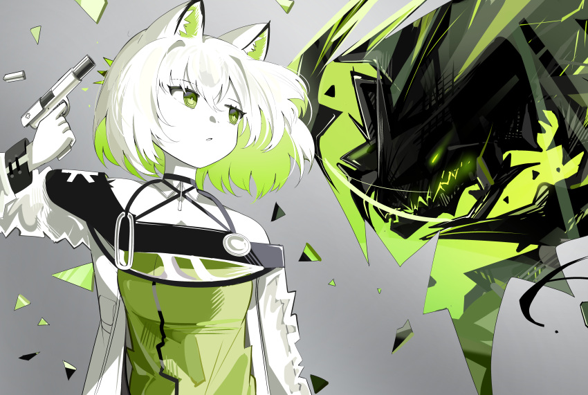 1girl absurdres animal_ear_fluff animal_ears arknights bare_shoulders dress green_dress green_eyes green_hair green_theme grey_background gun hair_between_eyes highres holding holding_gun holding_weapon kal'tsit_(arknights) long_sleeves looking_to_the_side mon3tr_(arknights) monochrome multicolored_hair off-shoulder_jacket off_shoulder parted_lips short_hair simple_background spam_(spamham4506) two-tone_hair weapon white_hair