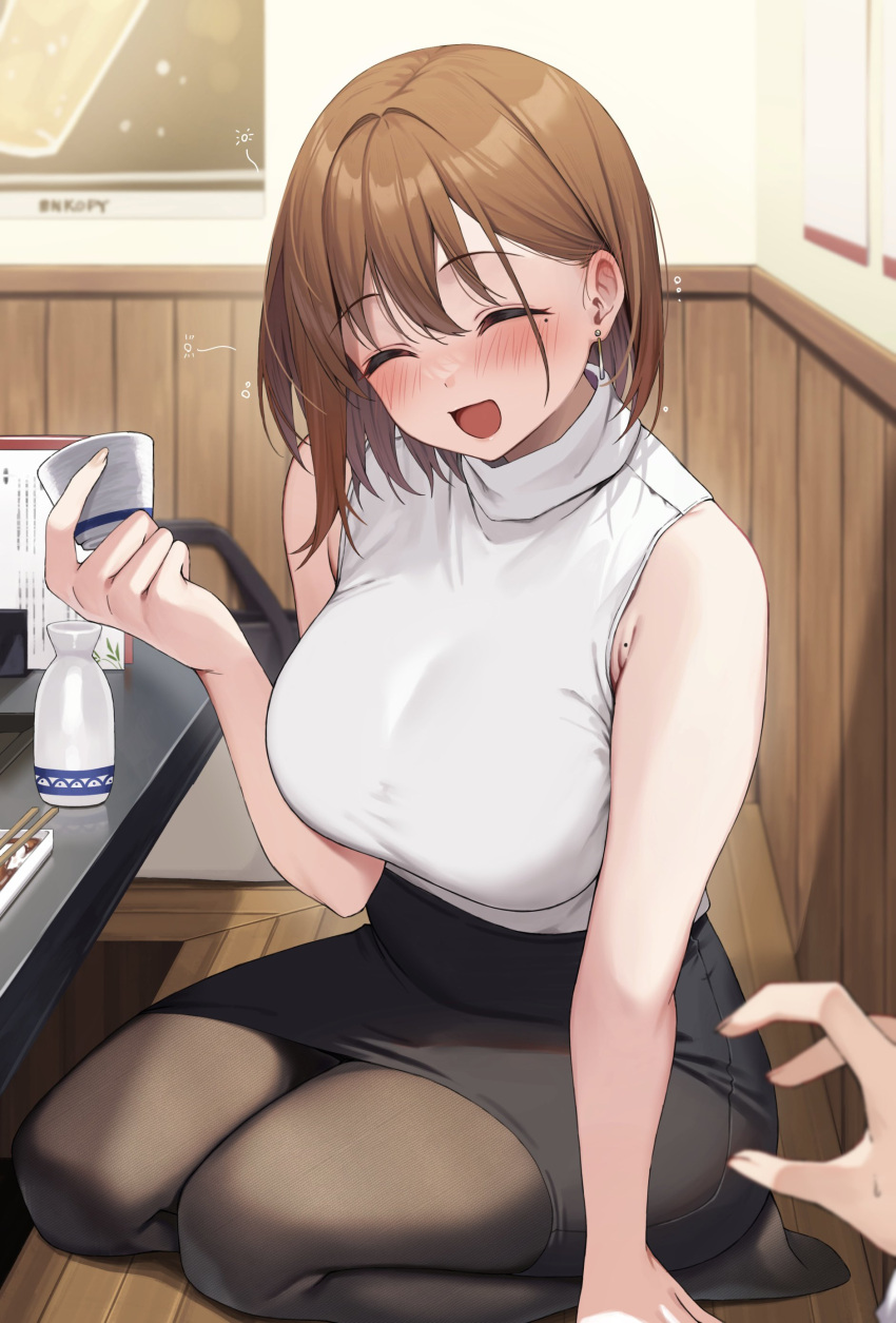 1girl absurdres black_pantyhose black_skirt blush bottle breasts brown_hair choko_(cup) closed_eyes cup earrings highres holding holding_cup indoors jewelry large_breasts mole mole_under_eye ol-chan_(udon) open_mouth original pantyhose sake_bottle shirt short_hair skirt sleeveless sleeveless_shirt smile table udon_(udonalium) white_shirt