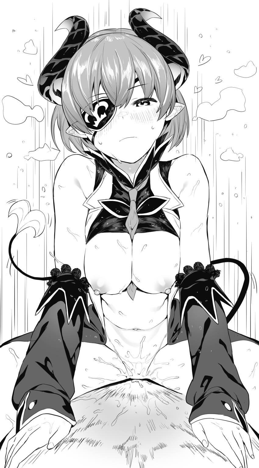 1boy 1girl absurdres between_breasts blush breasts closed_mouth clothed_female_nude_male clothes_lift commentary_request cowboy_shot cowgirl_position crop_top cum cum_in_pussy cum_overflow demon_girl demon_horns demon_tail detached_sleeves ear_blush eyepatch frown girl_on_top greyscale hair_between_eyes heart hetero highres horns kuma_(jk0073) large_breasts looking_at_viewer medium_bangs monochrome nanashi_inc. navel necktie necktie_between_breasts nipples nude pointy_ears pov pussy_juice sekishiro_mico sex shirt shirt_lift short_hair skirt sleeveless sleeveless_shirt solo_focus straddling tail vaginal virtual_youtuber