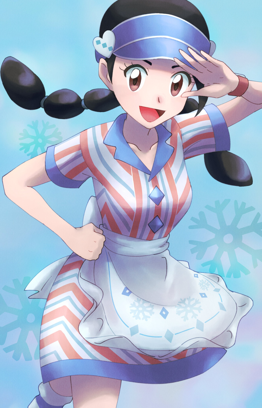 1girl absurdres akitu_ma_ru apron black_hair blue_background braid brown_eyes candice_(palentine's_2024)_(pokemon) candice_(pokemon) collarbone cowboy_shot hand_on_own_hip highres looking_at_viewer official_alternate_costume pokemon pokemon_masters_ex snowflakes solo twin_braids waist_apron