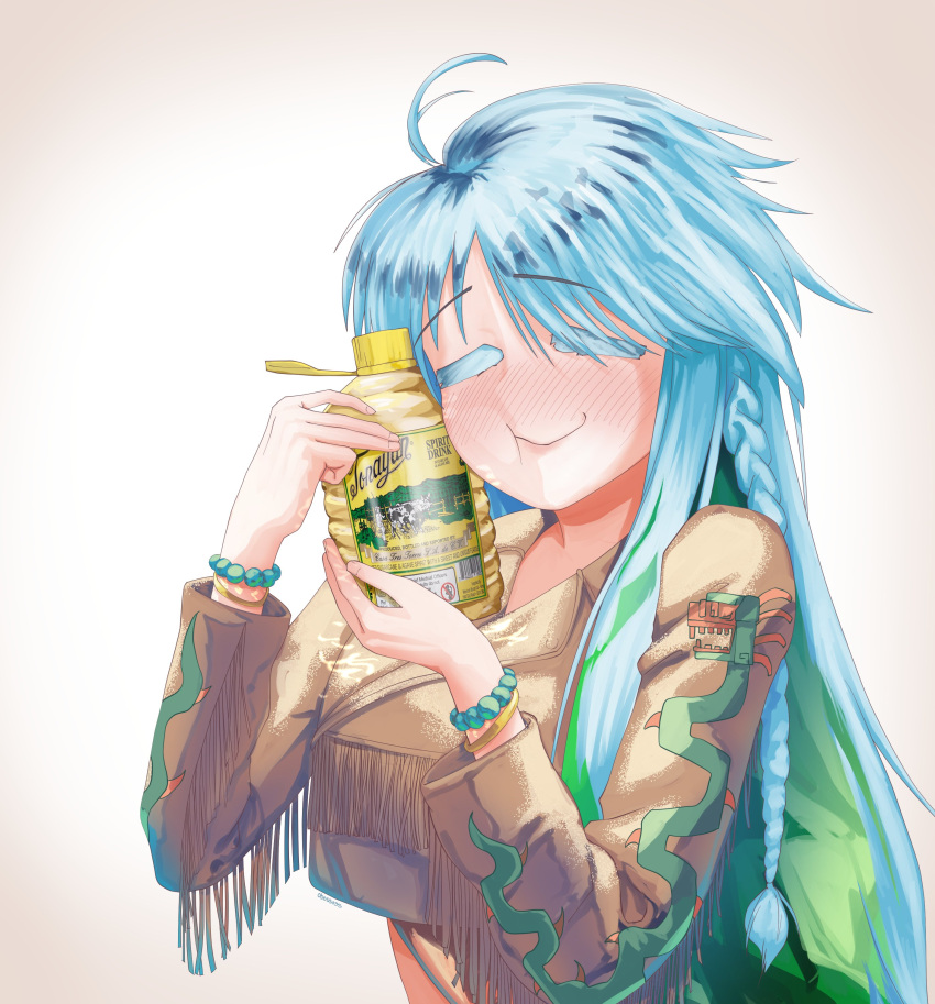 1girl absurdres alcohol blue_hair braid breasts closed_eyes closed_mouth colored_inner_hair crop_top crystal_hair fate/grand_order fate_(series) fringe_trim green_hair highres hugging_object jacket kukulkan_(fate) kukulkan_(first_ascension)_(fate) long_hair midriff multicolored_hair obossoss smile snake_print solo