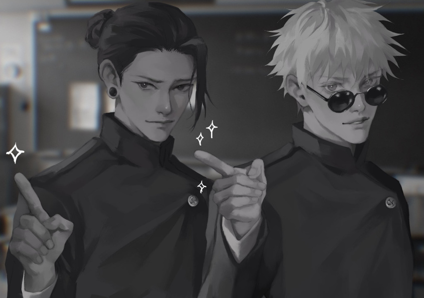 2boys 3aem ahoge black_hair black_jacket chalkboard classroom collar earrings getou_suguru gojou_satoru greyscale hair_bun highres indoors jacket jewelry jujutsu_kaisen monochrome multiple_boys pointing round_eyewear short_hair sparkle spiked_hair stud_earrings sunglasses white_hair