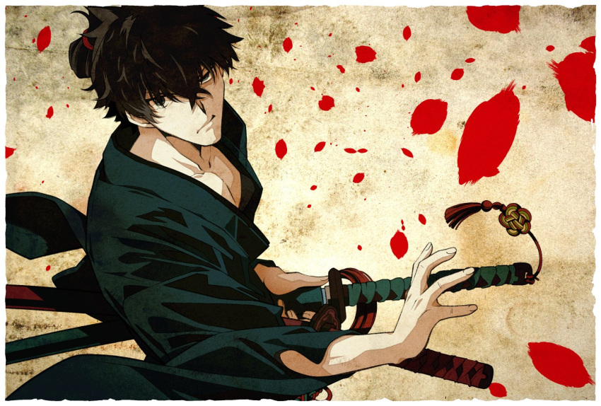 1boy black_hair commentary falling_petals fate/samurai_remnant fate_(series) fighting_stance green_kimono holding holding_sheath japanese_clothes katana kimono miyamoto_iori_(fate) paper_background petals ready_to_draw sheath sheathed solo sword topknot torn_paper tsukumo_(soar99) weapon