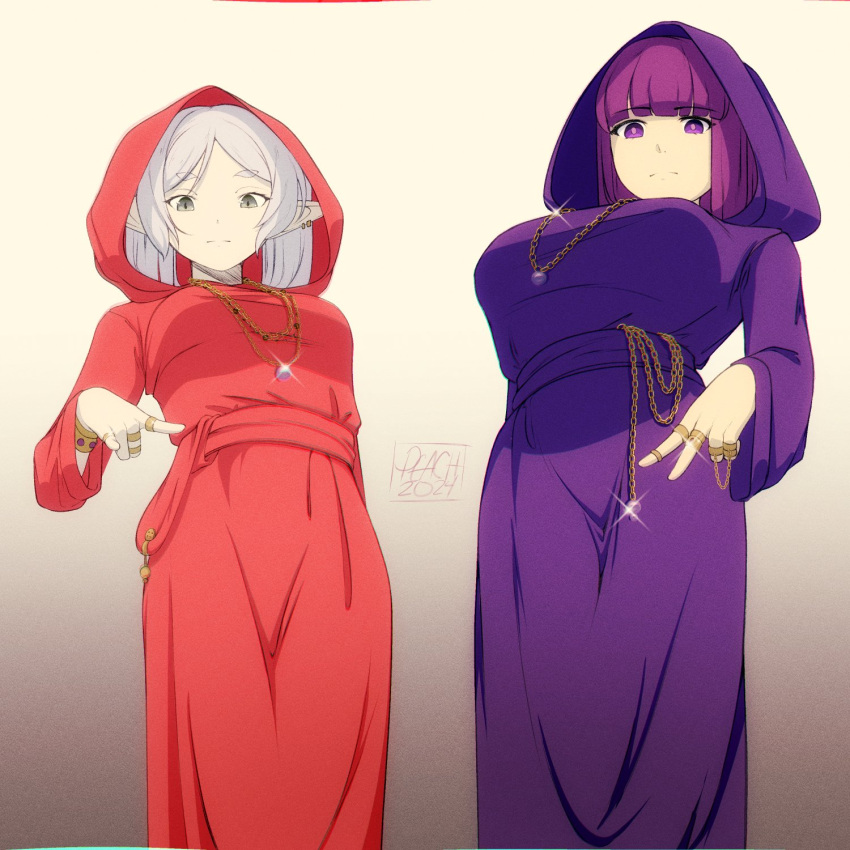 2girls bling blunt_bangs bracelet breasts bright_pupils chain chain_necklace cloak commentary english_commentary fern_(sousou_no_frieren) frieren gold_chain green_eyes highres hood hood_up hooded_cloak jewelry large_breasts meme multiple_girls multiple_rings necklace parted_bangs peach-cup pendant pointy_ears purple_cloak purple_eyes purple_hair purple_pupils red_cloak ring shadow_wizard_money_gang_(meme) small_breasts sousou_no_frieren sparkle twintails white_hair