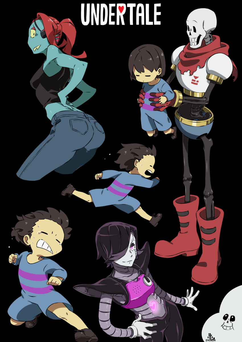1girl 1other 2boys =_= absurdres androgynous ankle_boots black_background black_hair black_tank_top blue_skin bone boots brown_footwear brown_hair cape carrying carrying_person cel_shading child clenched_hands clenched_teeth colored_sclera colored_skin commentary_request copyright_name cowboy_shot cropped_legs denim dot_mouth eyepatch fangs fangs_out fins flying_sweatdrops frisk_(undertale) from_side full_body gloves grin hair_over_one_eye hand_on_own_hip head_fins height_difference highres jeans joints kamezaemon lifting_person looking_at_viewer medium_hair mettaton multiple_boys multiple_views no_nose one_eye_covered open_mouth outstretched_arms pants papyrus_(undertale) pink_eyes ponytail red_cape red_footwear red_gloves red_hair robot robot_joints romper running sans shoes short_hair simple_background skeleton smile standing swept_bangs tank_top teeth torn_cape torn_clothes undertale undyne white_gloves yellow_sclera