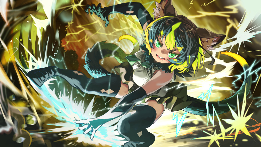 1girl absurdres animal_ear_fluff animal_ears bent_over black_gloves black_hair black_skirt black_thighhighs breasts cloud cloudy_sky dutch_angle elbow_gloves electricity fisheye gloves green_eyes green_hair green_necktie highres kemono_friends looking_at_viewer medium_breasts medium_hair melaton microskirt multicolored_hair multiple_tails necktie open_mouth panties panty_straps raijuu_(kemono_friends) shirt shoes skirt sky sleeveless sleeveless_shirt smile solo tail tan taut_clothes taut_shirt thighhighs two-tone_hair two_tails underwear v-shaped_eyebrows white_panties white_shirt