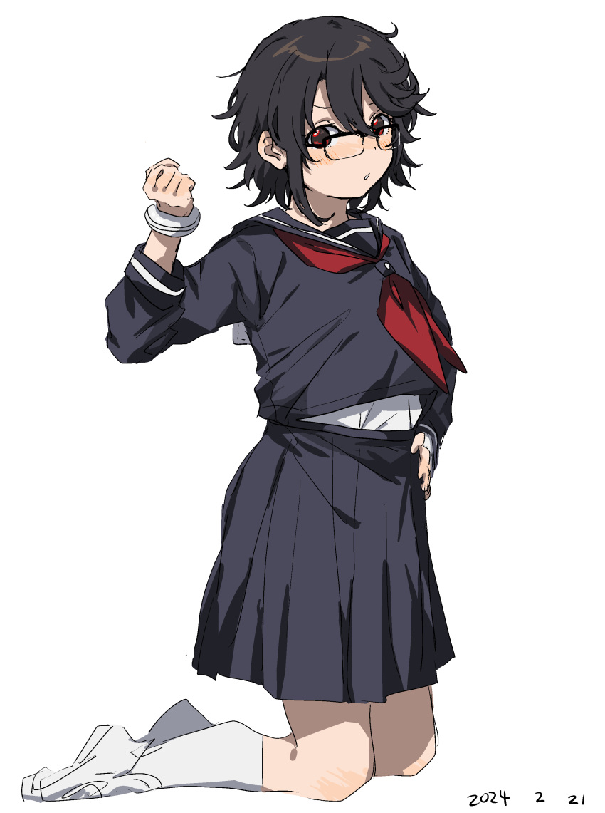 1girl absurdres black_hair black_sailor_collar black_serafuku black_shirt black_skirt clenched_hand dated highres long_sleeves looking_at_viewer momijiyama_teru neckerchief pleated_skirt red_neckerchief sailor_collar school_uniform serafuku shirt shoes shy_(series) skirt socks solo takatisakana white_neckerchief