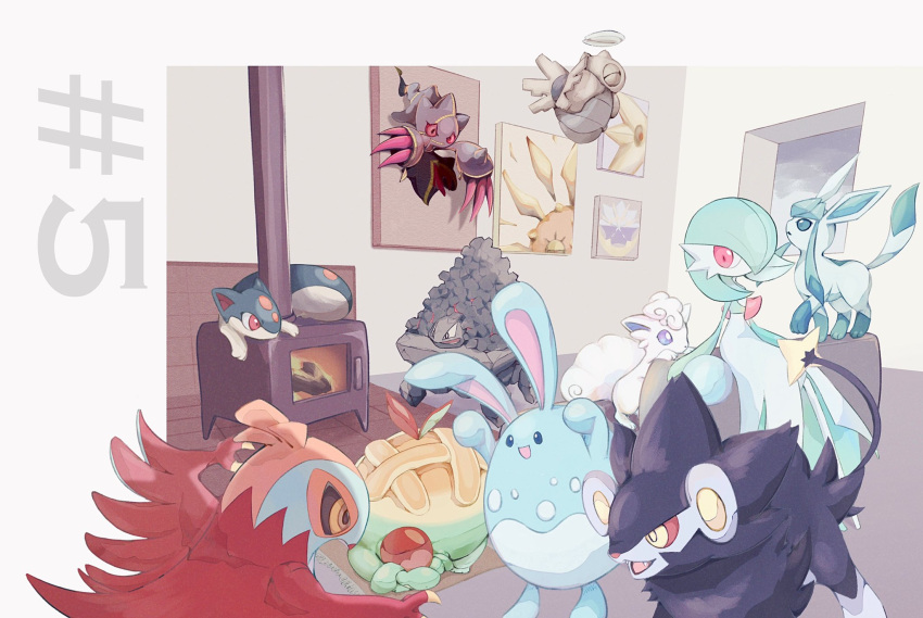 :d alolan_vulpix appletun azumarill banette black_eyes black_fur black_sclera blue_eyes blue_skin bright_pupils carkol claws colored_sclera colored_skin commentary_request fireblast floating furnace gardevoir glaceon green_hair hawlucha highres indoors lunatone luxray mega_banette no_humans painting_(object) pokemon pokemon_(creature) prehensile_ribbon quilava red_eyes red_sclera shedinja smile solrock tail white_pupils white_skin window wings yellow_eyes