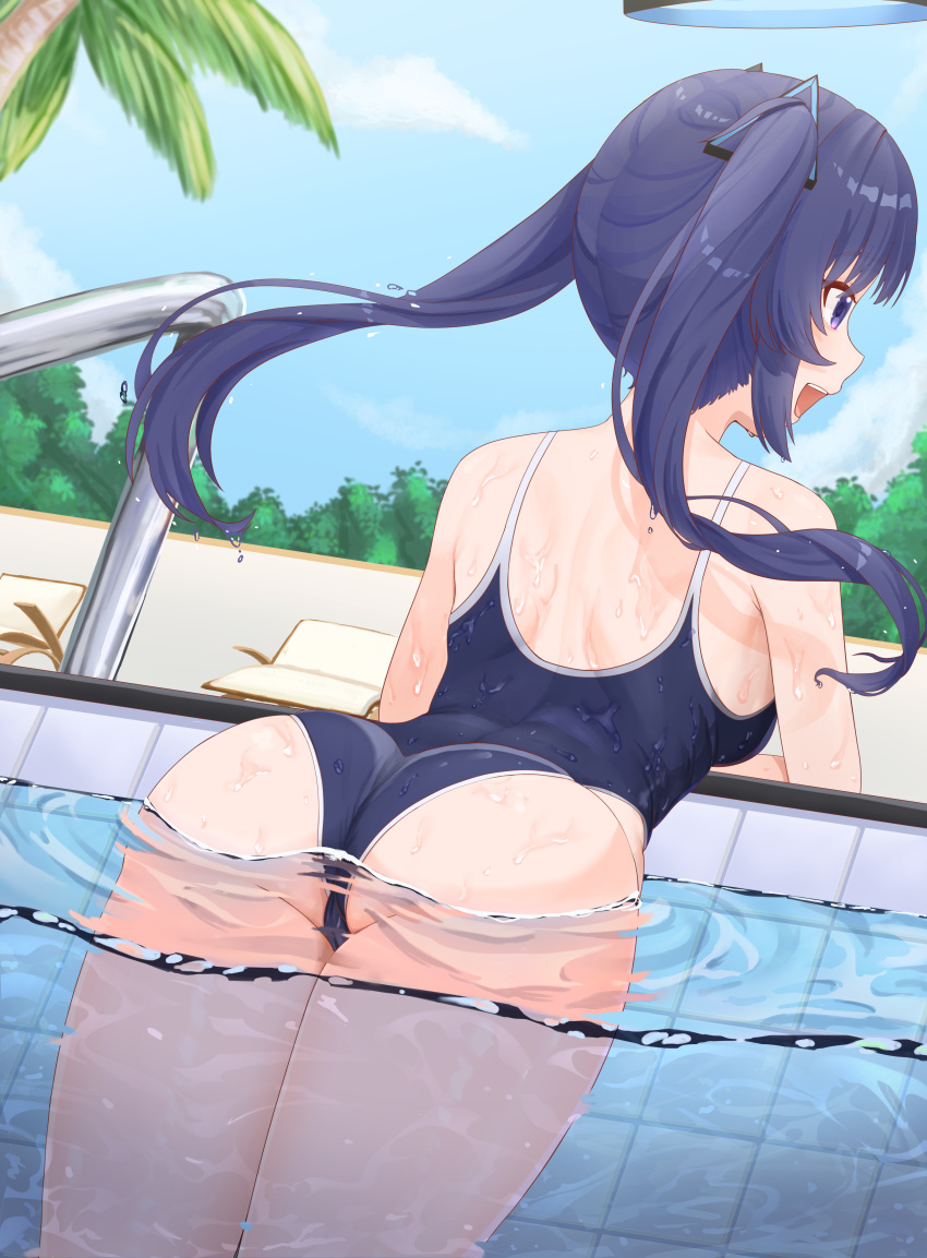 1girl absurdres ass back bad_perspective black_one-piece_swimsuit blue_archive blue_eyes fence hair_ornament halo highres jiu_wei_maao long_hair mechanical_halo one-piece_swimsuit open_mouth outdoors palm_tree partially_submerged pool poolside school_swimsuit shoulder_blades sidelocks smile solo swimsuit teeth thighs tree twintails upper_teeth_only wet yuuka_(blue_archive)