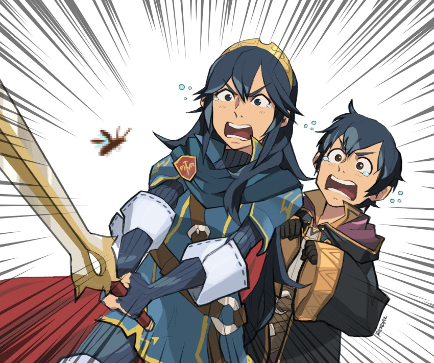 1girl ahoge artist_request blue_hair blush brother_and_sister bug censored emphasis_lines falchion_(fire_emblem) fire_emblem fire_emblem:_kakusei gloves highres hood insect jacket long_hair lucina mark_(fire_emblem) mark_(male)_(fire_emblem) mosaic_censoring open_mouth short_hair siblings simple_background sword tears tiara weapon