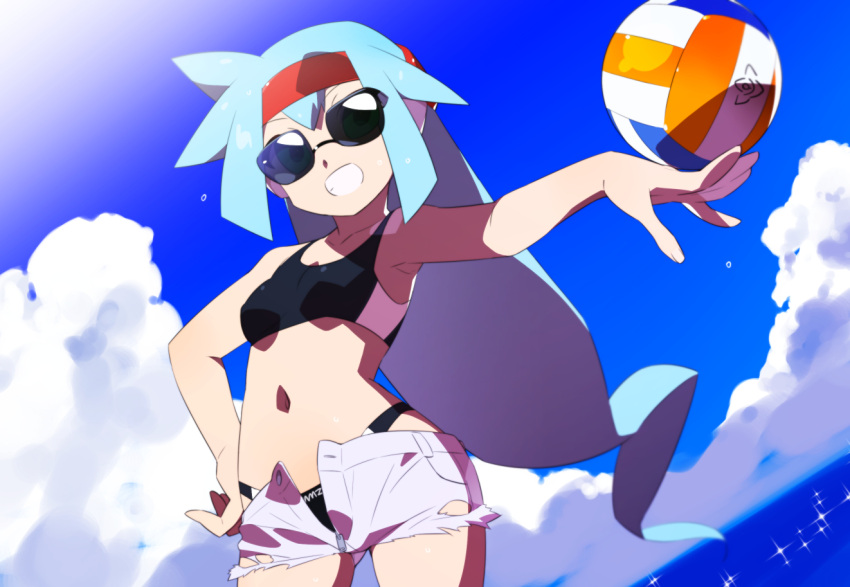 1girl alternate_costume alternate_hairstyle ashe_(mega_man) ball bikini black_bikini blue_hair breasts cloud commentary_request commission green_eyes holding holding_ball kaidou_zx long_hair mega_man_(series) mega_man_zx mega_man_zx_advent navel ocean open_clothes open_fly open_shorts pixiv_commission short_hair shorts sky small_breasts sports_bikini sunglasses swimsuit swimsuit_under_clothes unbuttoned unzipped variant_set volleyball_(object) water white_shorts