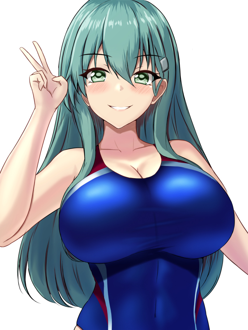 1girl aqua_eyes aqua_hair blue_one-piece_swimsuit blush breasts competition_swimsuit covered_navel hair_between_eyes hair_ornament hairclip highres kantai_collection large_breasts long_hair looking_at_viewer montemasa one-piece_swimsuit simple_background solo suzuya_(kancolle) swimsuit two-tone_swimsuit upper_body v white_background