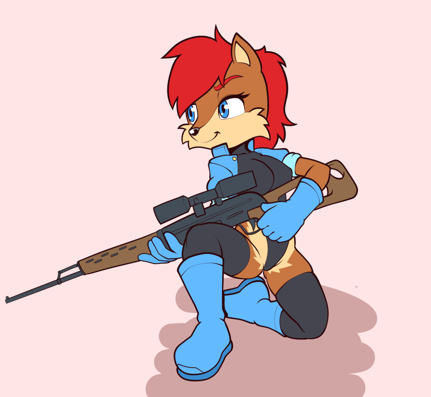 anthro archie_comics blue_eyes brown_body chipmunk clothing female fours_(artist) gloves ground_squirrel gun hair handwear hi_res jacket kneeling legwear leotard looking_aside mammal ranged_weapon red_hair rifle rodent sally_acorn sciurid sega sniper_rifle solo sonic_the_hedgehog_(archie) sonic_the_hedgehog_(comics) sonic_the_hedgehog_(series) thigh_highs topwear weapon