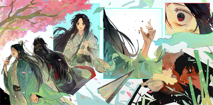 2boys absurdres age_progression bamboo black_hair bowl broom brown_eyes burn_scar cherry_blossoms chinese_clothes daae eye_reflection falling_leaves falling_petals fire folding_fan food hand_fan hanfu highres hill holding holding_broom holding_fan holding_hands leaf long_hair long_sleeves looking_at_viewer luo_binghe multiple_boys open_hand petals reflection renzha_fanpai_zijiu_xitong ribboned_xiao_guan rice_porridge sash scar shamoji shen_qingqiu smile spill spoon steam tassel tree white_hanfu wide_sleeves xiao_guan_(headdress) zuiyin