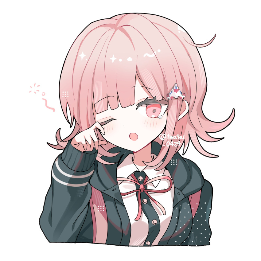 1girl ;o brown_hair collared_shirt danganronpa_(series) danganronpa_2:_goodbye_despair flipped_hair galaga hair_ornament highres jacket long_sleeves looking_at_viewer medium_hair nanami_chiaki neck_ribbon one_eye_closed open_clothes open_jacket pink_eyes ribbon shirocha_tei shirt sleepy solo white_shirt