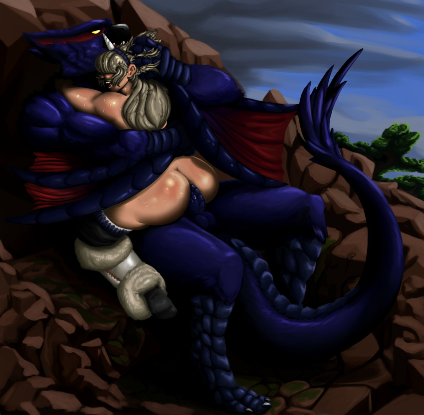 ambiguous_penetration anthro beak big_butt blandy_(artist) blue_body blue_scales bodily_fluids butt capcom duo empty_eyes female flying_wyvern grey_hair hair hair_over_eyes head_grab hi_res human kirin_(armor) larger_male male male/female mammal monster_hunter nargacuga nude open_mouth open_smile penetration scales sex size_difference smile sweat sweatdrop tail tail_tuft tan_body tan_skin thick_thighs tuft wide_hips winged_arms wings yellow_eyes
