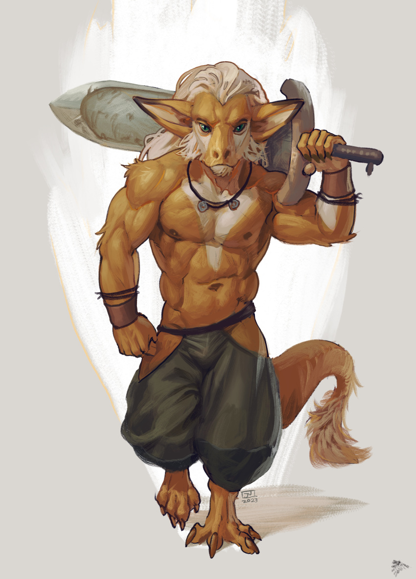 2023 abs absurd_res anthro bulge claws clothed clothing fur green_eyes hair hi_res jerome_jacinto long_ears long_hair looking_at_viewer male melee_weapon navel nipples pecs short_body solo sword topless unknown_species weapon white_hair yellow_body yellow_fur zulfir